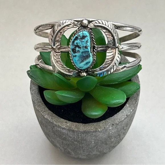 Vintage Jefferson Lee Navajo Turquoise Sterling Silver Cuff Bracelet - Picture 3 of 14